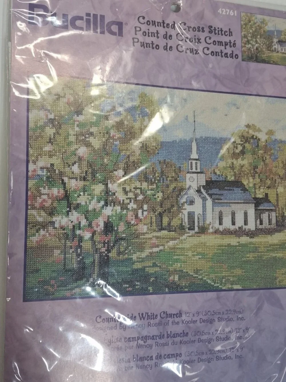 Vintage Bucilla Counted Cross Stitch COUNTRYSIDE WHITE CHURCH w/ Trees 42761